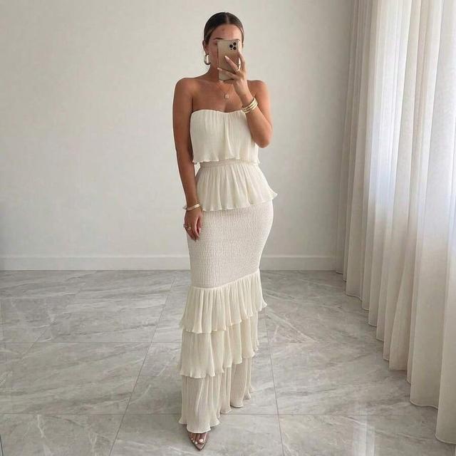 white pleated strapless tiered maxi dress