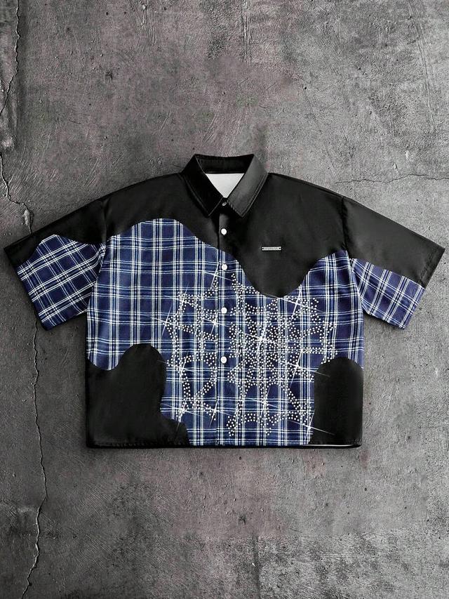 plaid print rhinestone decor front button casual shirt