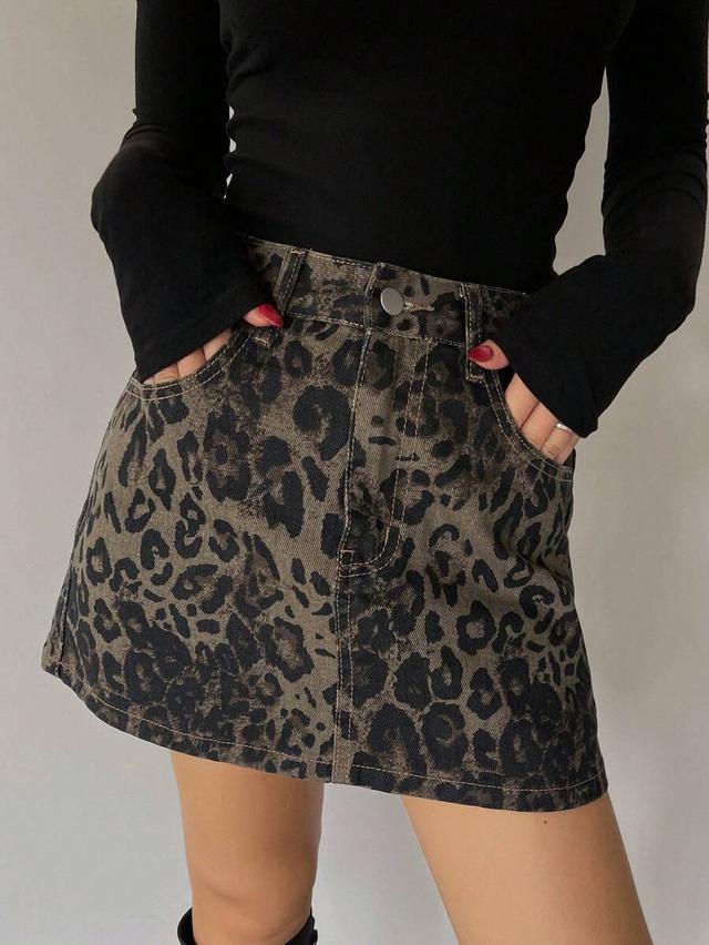leopard print denim mini skirt with pockets