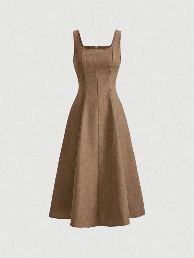 brown denim effect sleeveless shirred back midi dress