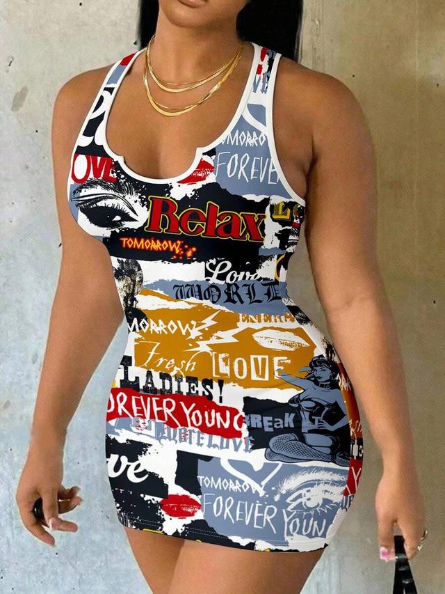 slaydiva women's letter and eye print scoop neck mini dress