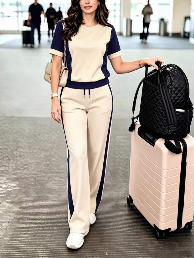 casual color block crew neck top and straight leg pants