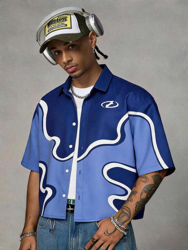 blue wave digital print loose fit short sleeve button-down shirt