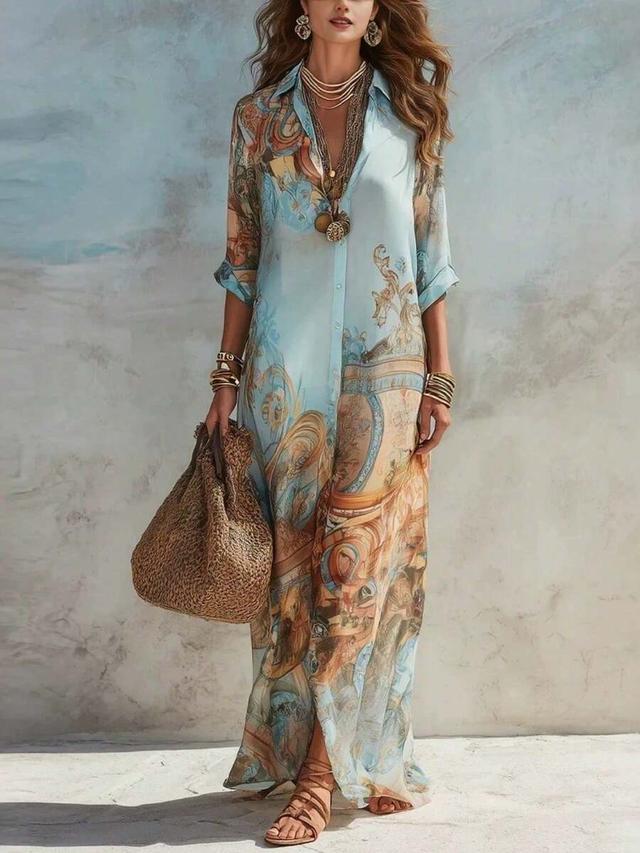 blue print printed light blue button-down maxi shirt dress
