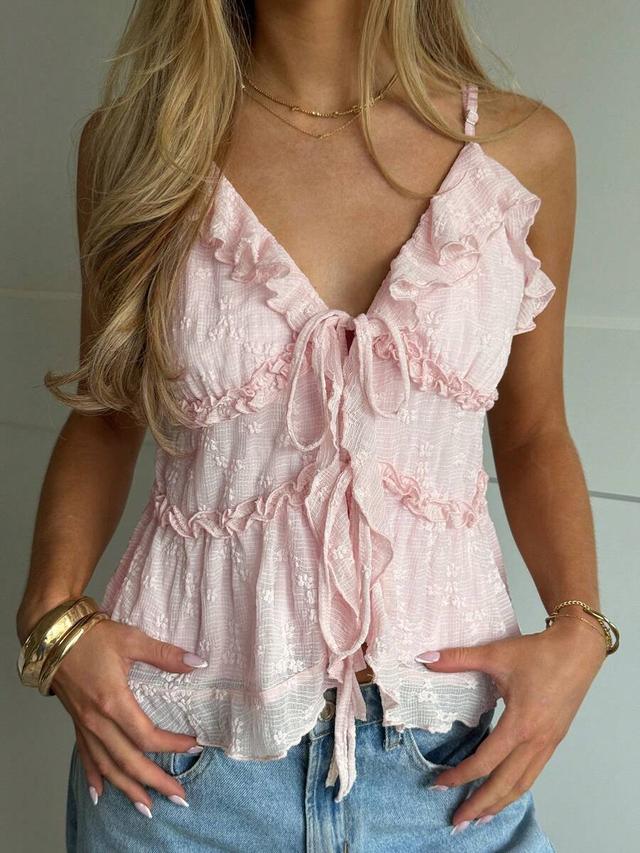 pink floral lace ruffled tie front cami top