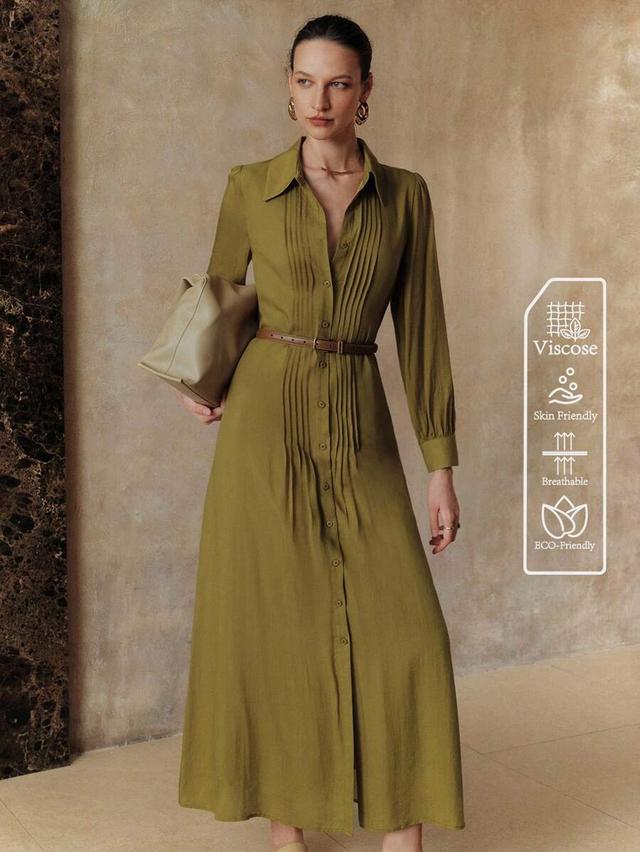 olive green viscose pleated button down shirt dress