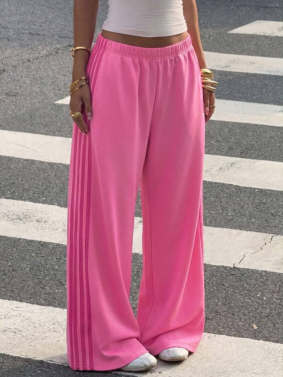 muchica rose red knit patchwork pink ribbon wide leg sweatpants