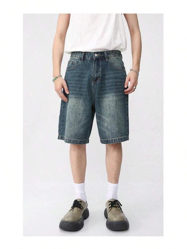 old washed denim straight leg five quarter shorts