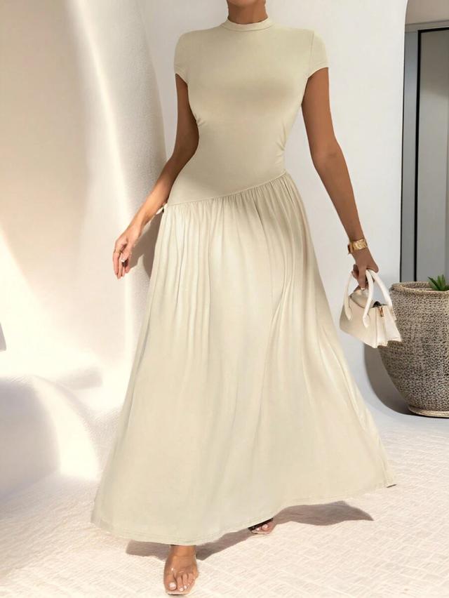 light beige short sleeve asymmetrical pleated long dress