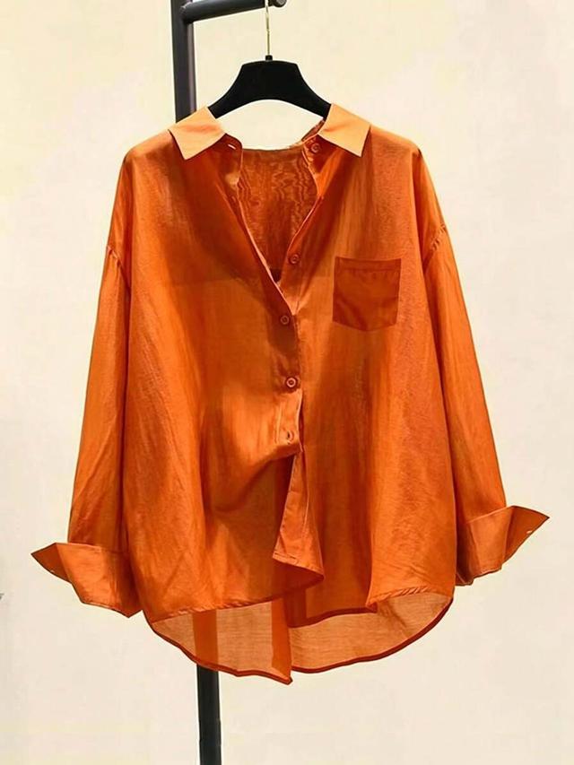 minimalist orange sheer long sleeve sun-protective blouse