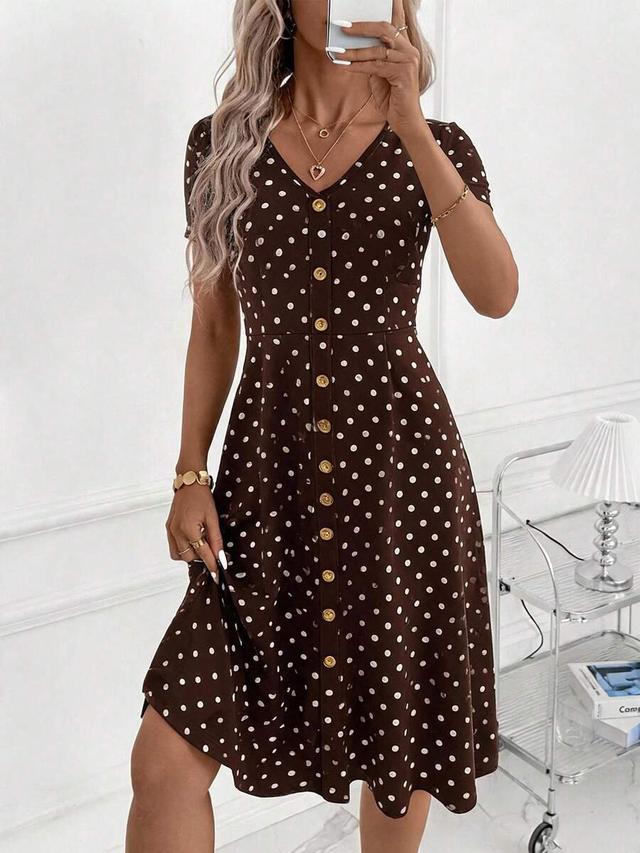 brown and white polka dot v-neck a-line dress