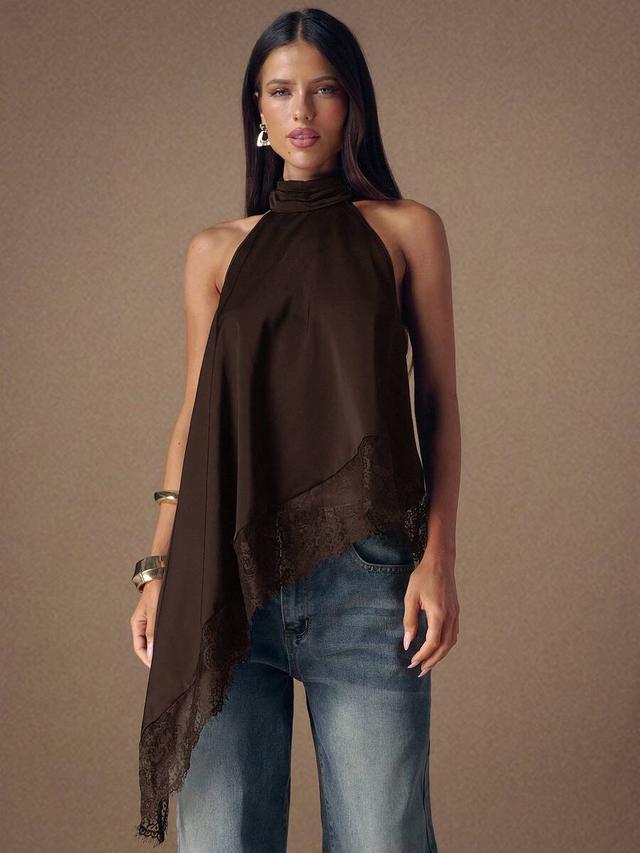 dark brown satin halter camisole with lace trim