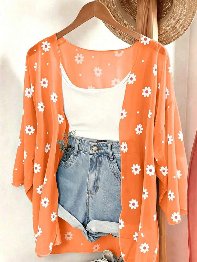 orange floral print casual versatile daily wear blouse