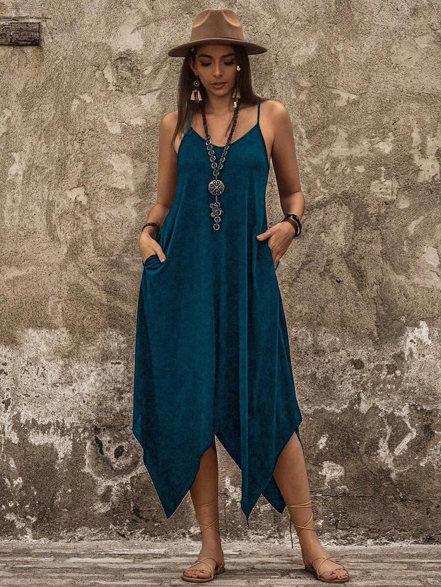 teal handkerchief hem spaghetti strap midi dress