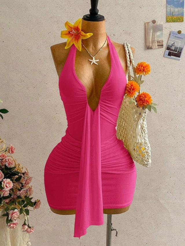 pink halter neck ruched bodycon mini dress