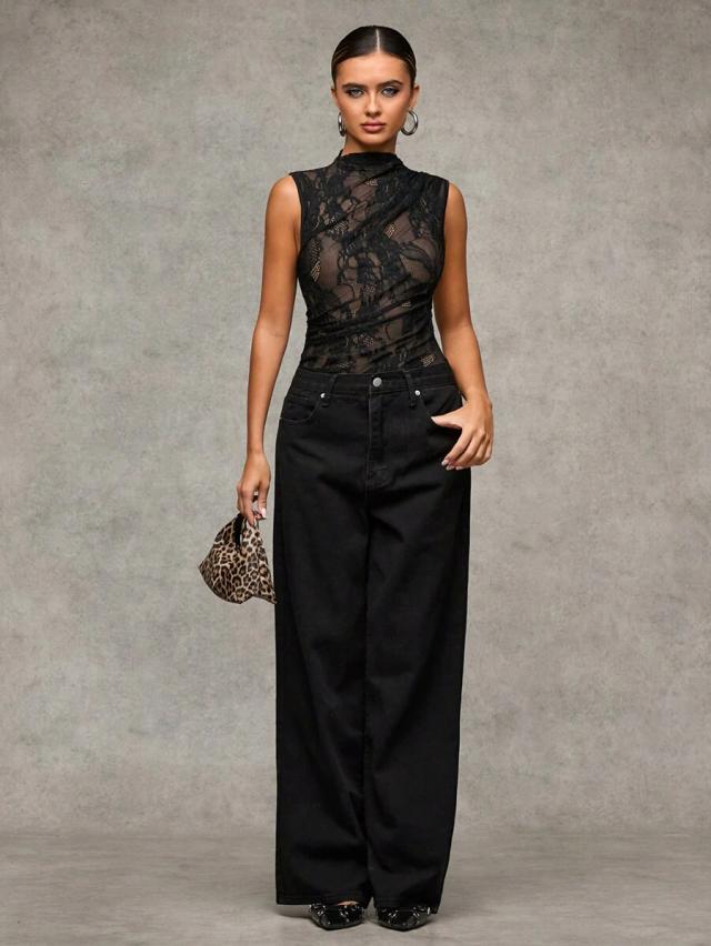 black lace sleeveless ruched bodysuit