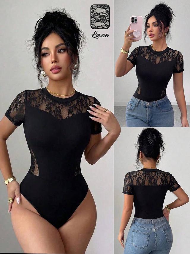 black lace patchwork sheer short sleeve bodysuit