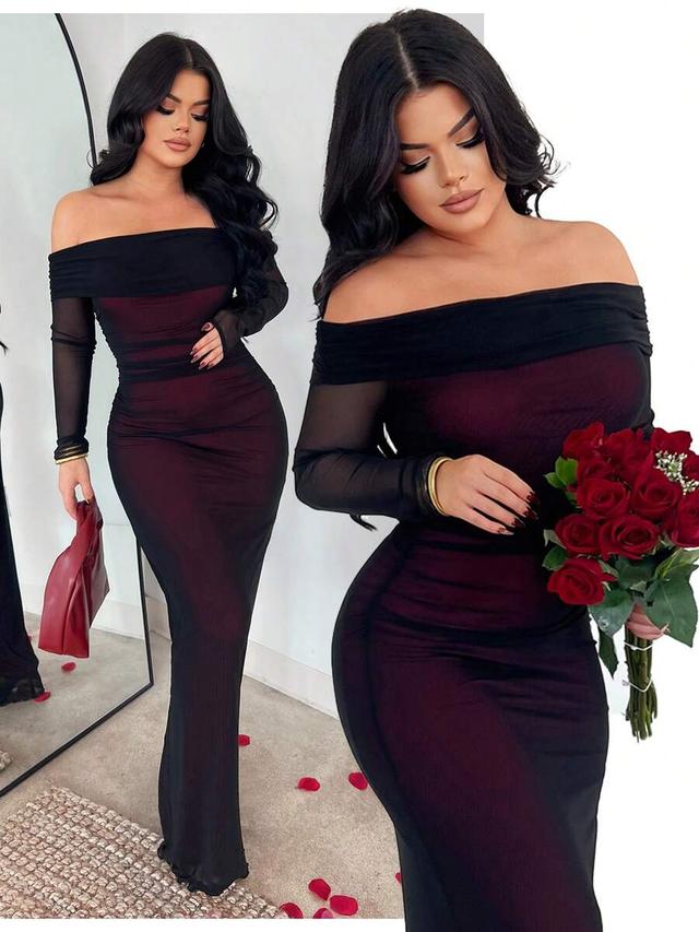 off-shoulder mesh and velvet midi dress