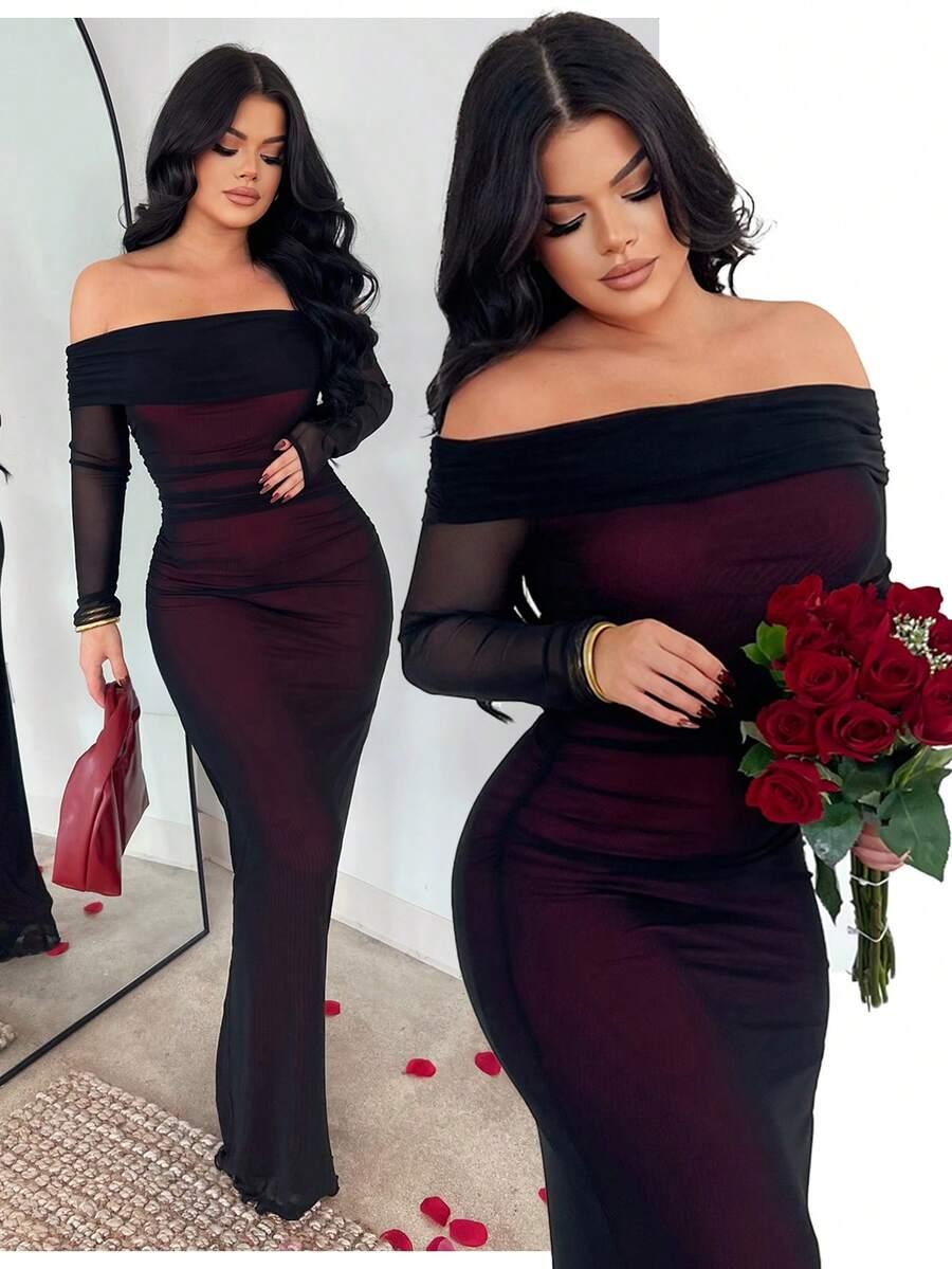 off-shoulder mesh and velvet midi dress