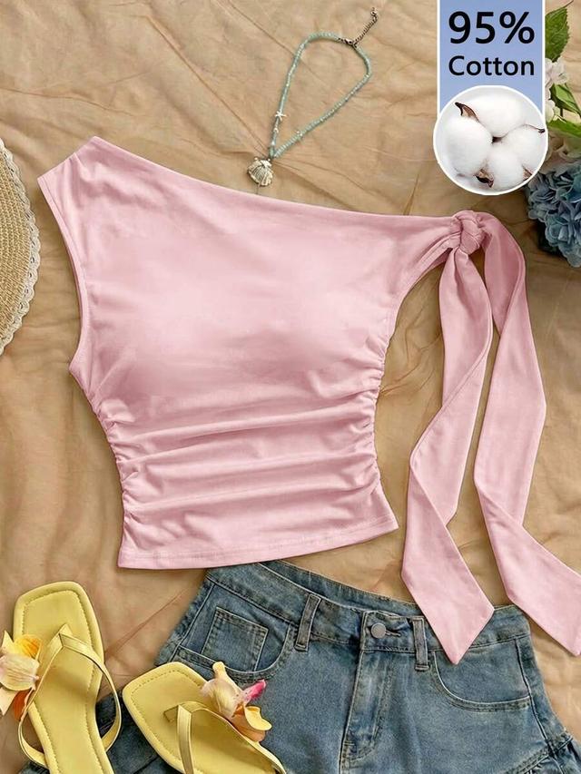 pink cotton asymmetric one-shoulder vacation blouse