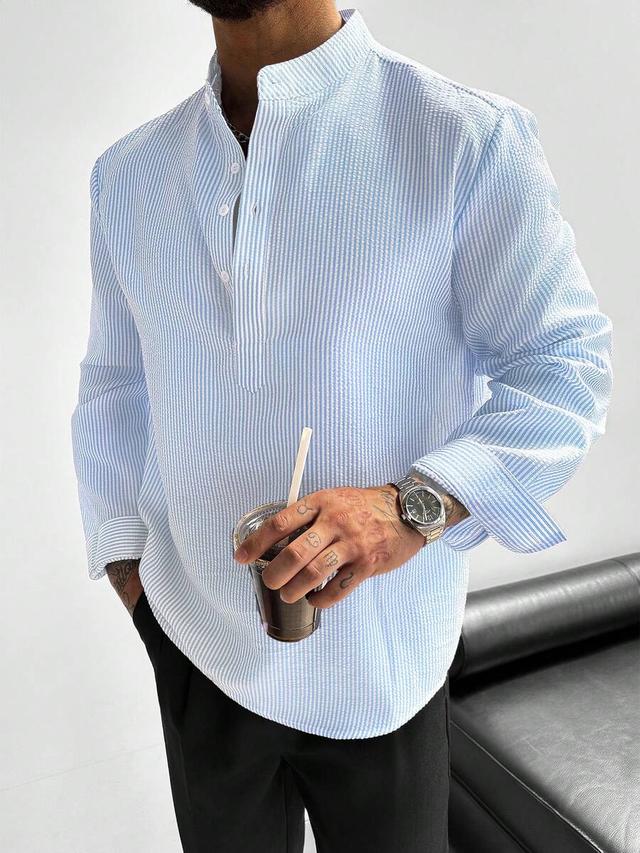 men's blue and white striped seersucker stand collar shirt
