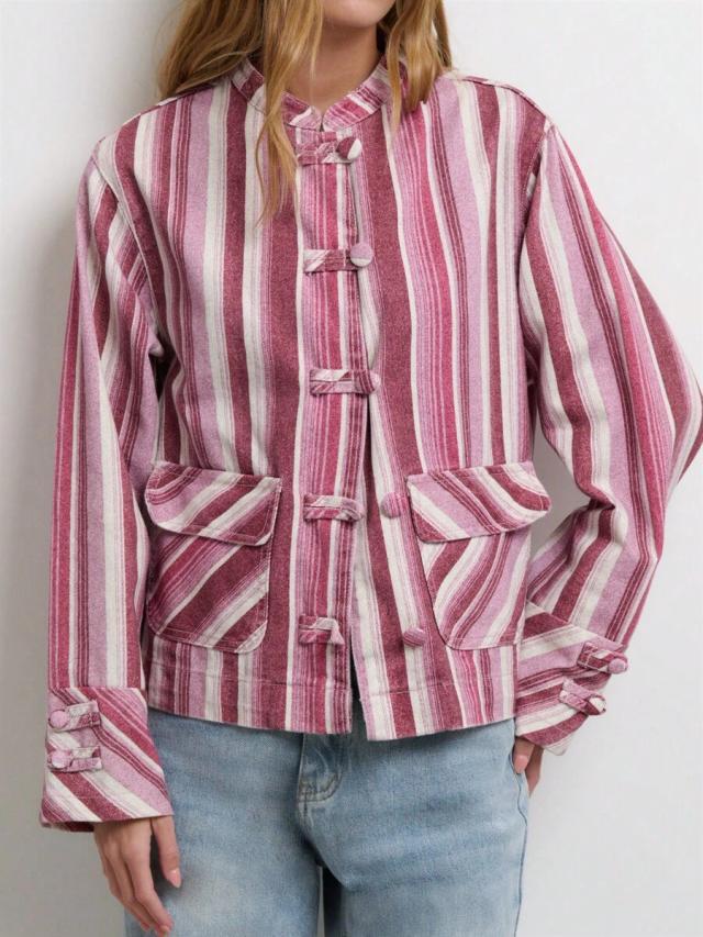 nöista pink striped cotton denim button-down jacket