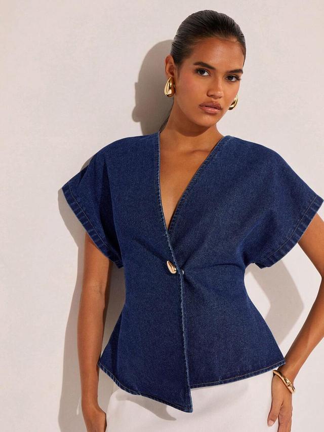 dark wash denim wrap style short sleeve top