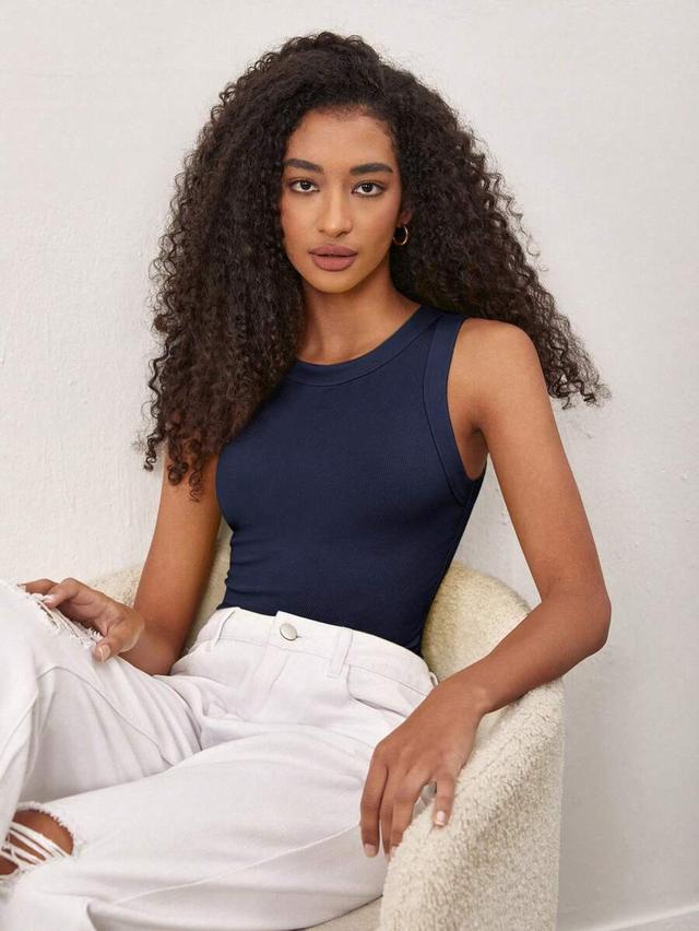 simple solid color navy blue ribbed tank top