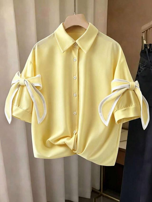 resyla elegant bowknot decor yellow summer shirt