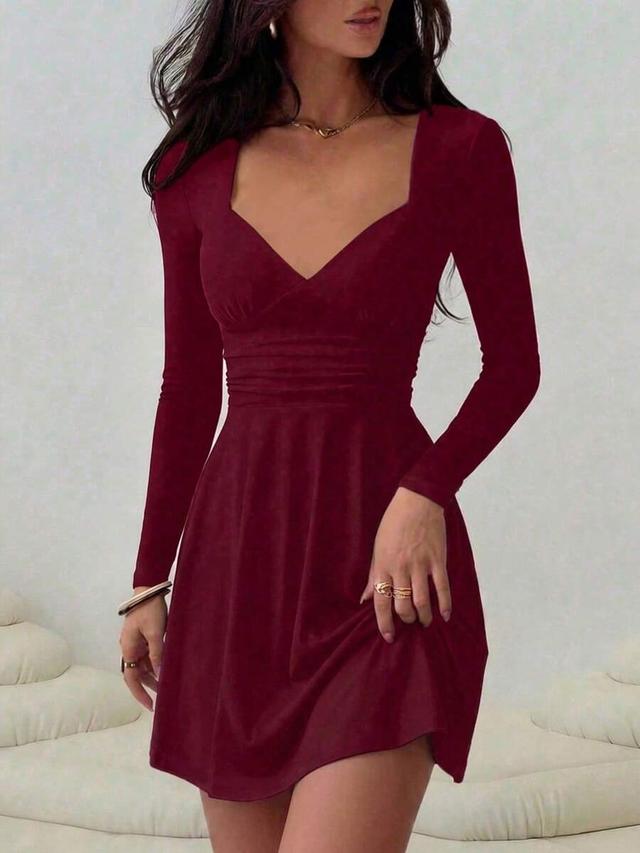 sexy fashion v-neck ruched waist long sleeve mini dress