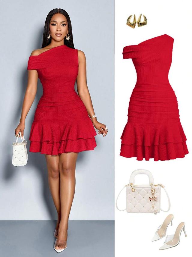 red asymmetrical neck mini dress with gathered ruffle hem