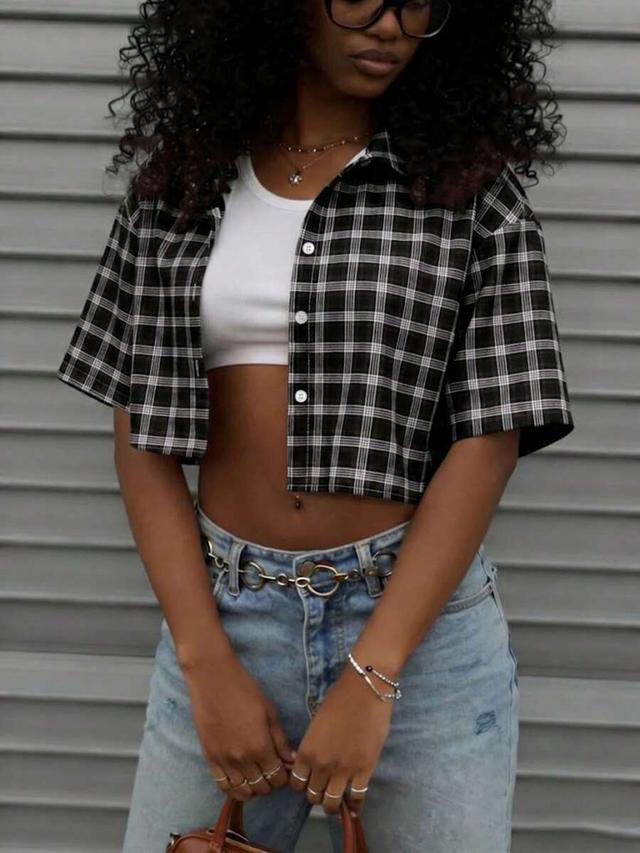 rovax women's vintage black plaid short-sleeve shirt