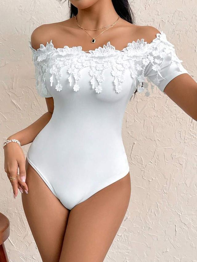 white lace off-shoulder floral trim bodysuit