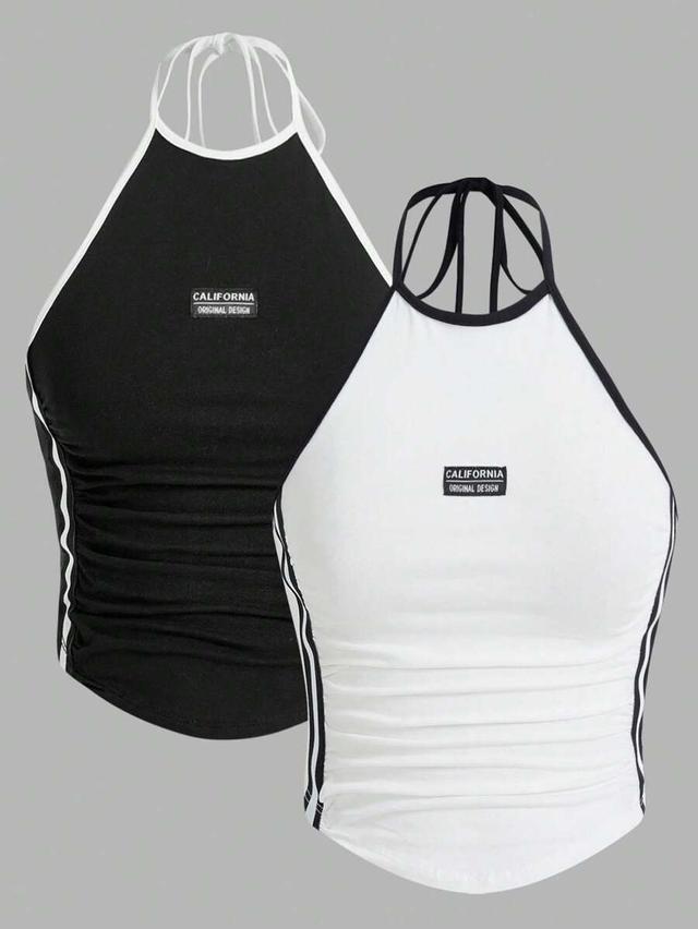 black block striped side tie halter y2k top