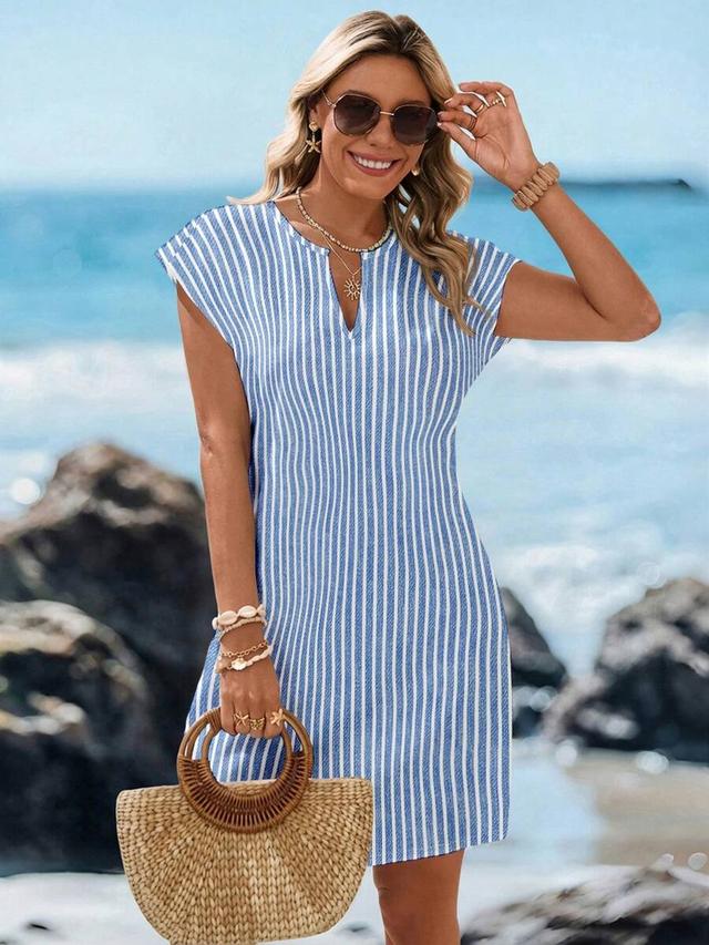 blue and white striped cotton shift dress