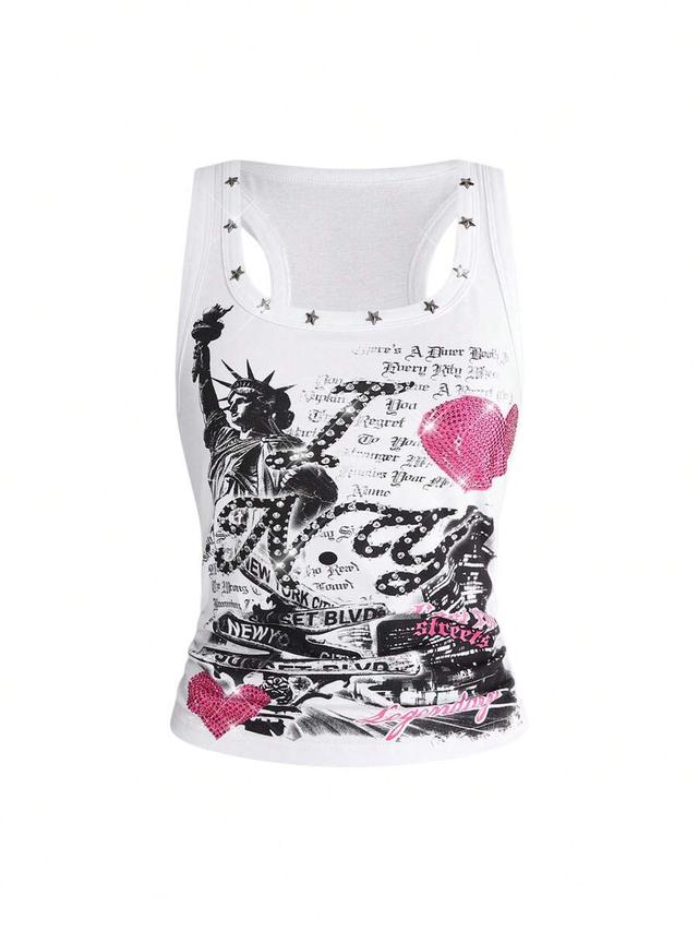 white y2k slogan print rhinestone racerback tank top