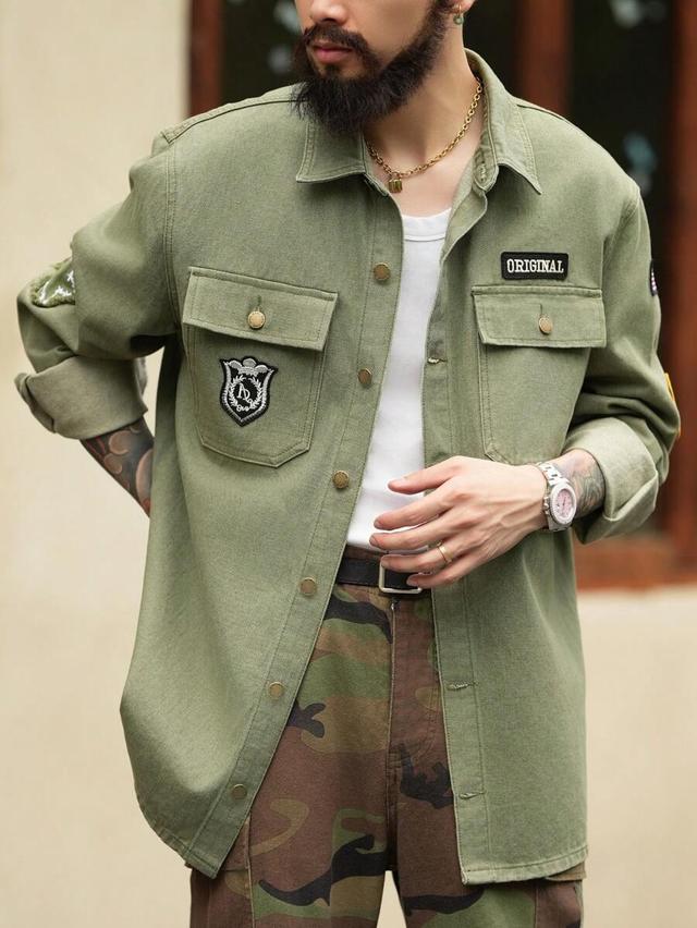 olive green letter printed long sleeve denim shirt