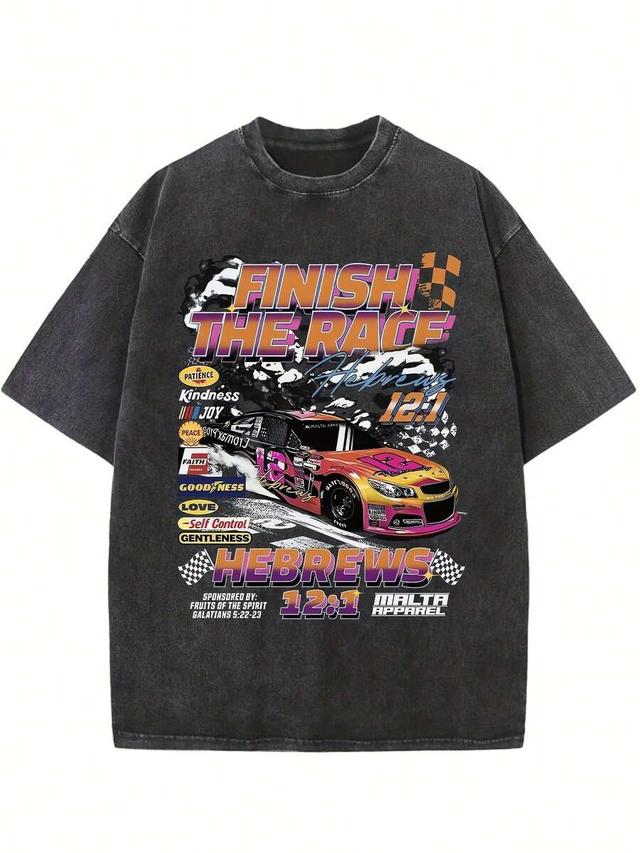 oversized washed black cotton graphic race t-shirt