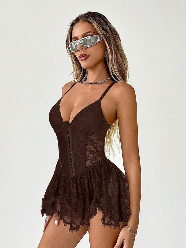 brown lace patchwork triangle cup metal button dress