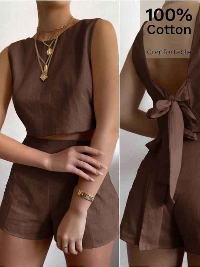brown linen round neck top and matching shorts set
