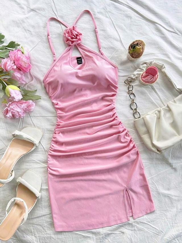 pink floral decor halter tie front bodycon dress