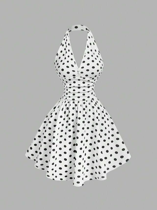 white and black polka dot halter neck dress