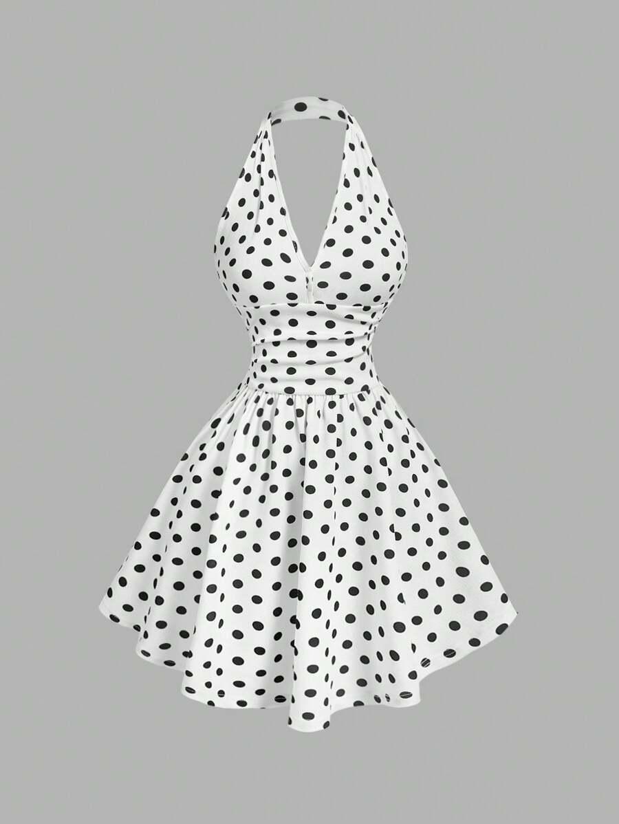 white and black polka dot halter neck dress