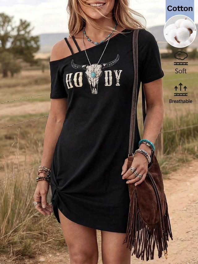 black cotton jersey graphic cold shoulder t-shirt dress