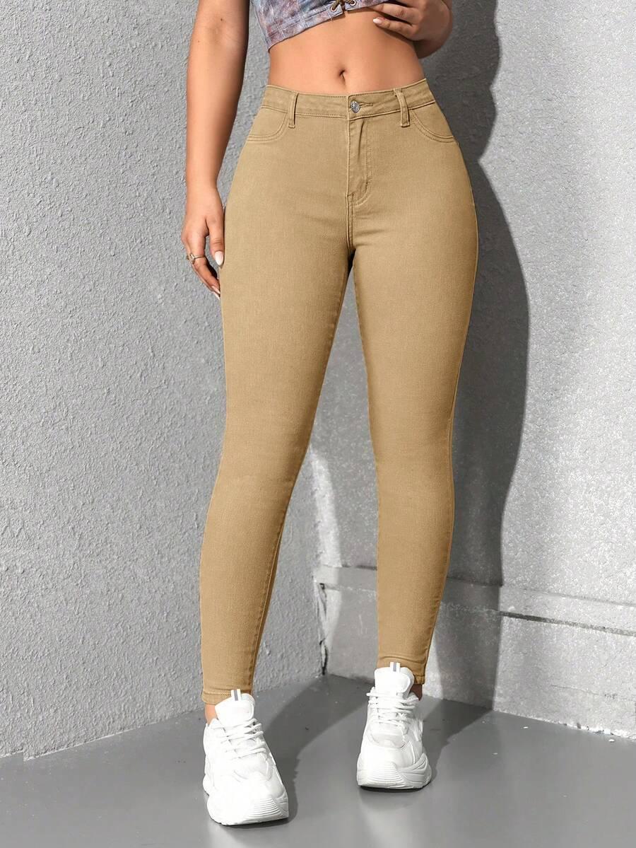 khaki plain button front casual denim pants
