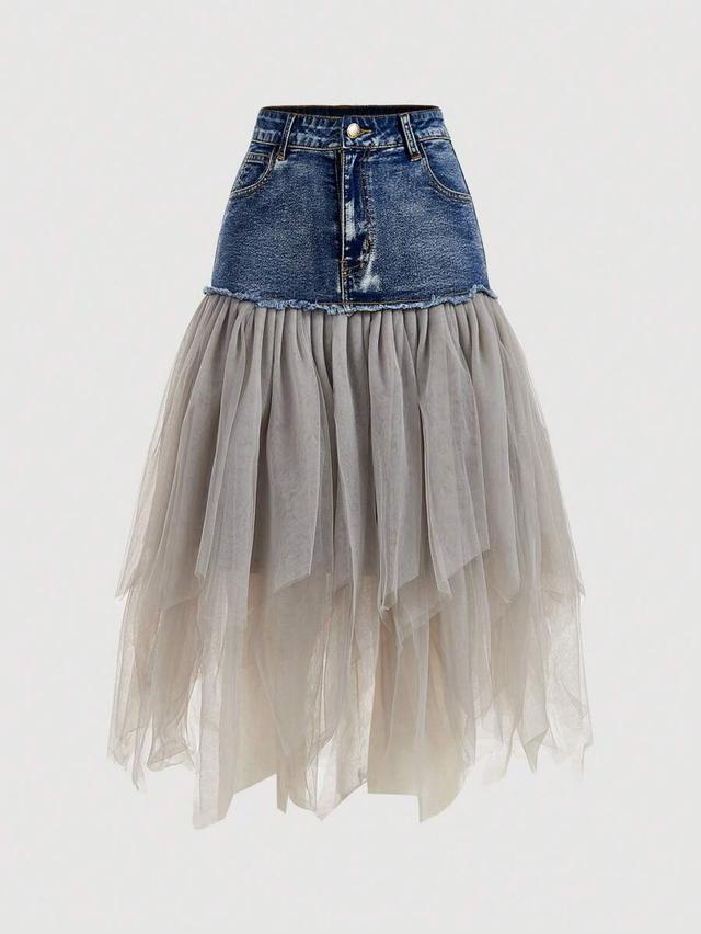 denim and grey tulle layered midi skirt
