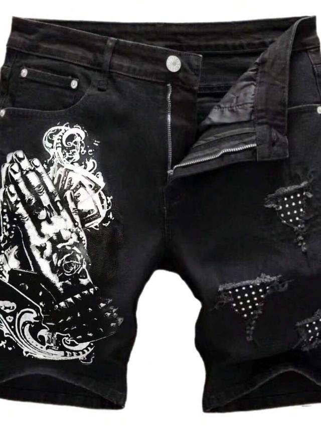 black denim ripped shorts with graphic print