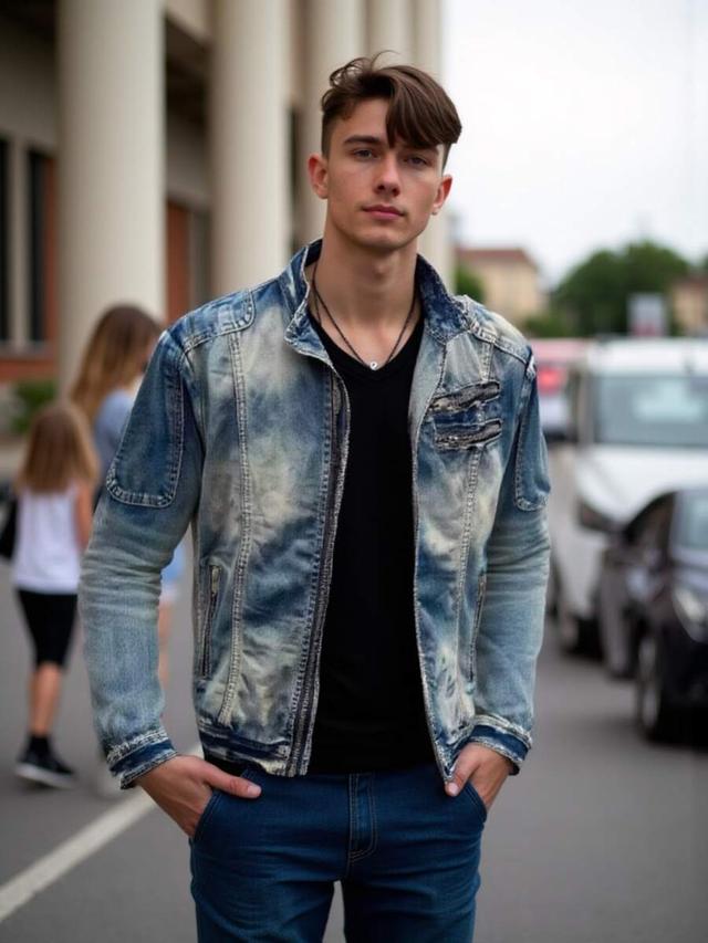 vintage washed denim motorcycle jacket with zipper details