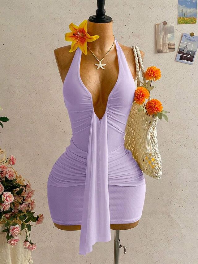 lavender v-neck halter mini dress with ruched detail