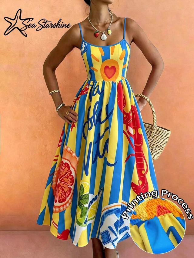 starfish shiny vacation style printed spaghetti strap dress